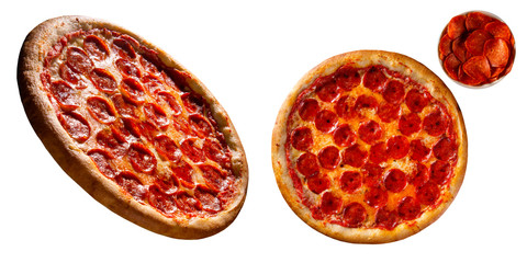 Pizza pepperoni on white background. Top view and side view. Traditional Brazilian Pizza