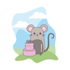 cute mouse animal with cake of birthday in landscape