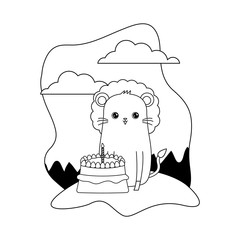 cute lion animal with cake of birthday in landscape