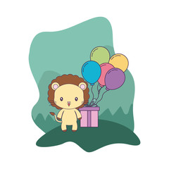 cute lion with gift box and balloons helium