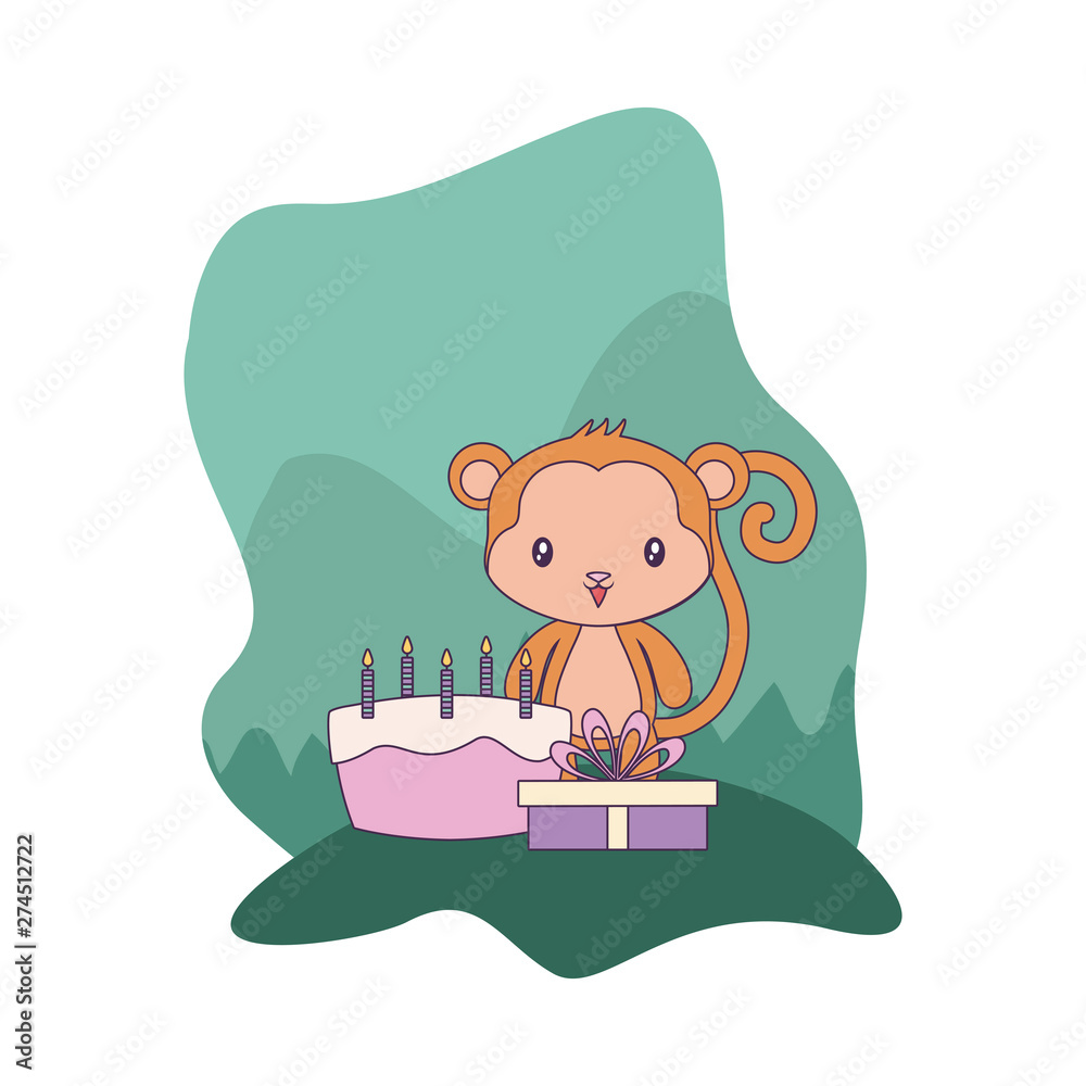 Sticker cute monkey with cake of birthday and gift box