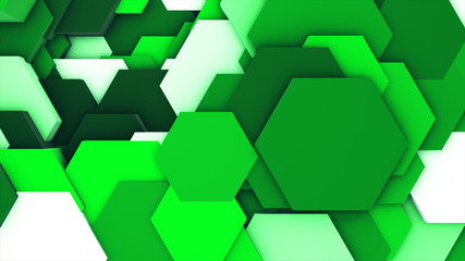 Fototapeta na wymiar 3d render abstract colorful many technical geometric hexagons as a wave white and green background. lights ray shine glow beam