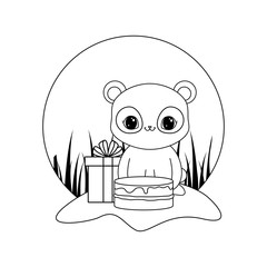 panda bear with cake of birthday and gift box in landscape