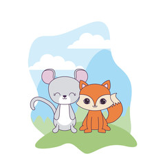 Obraz na płótnie Canvas cute mouse with fox animals in landscape