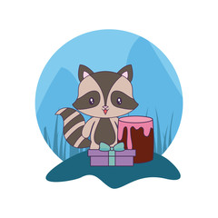 cute raccoon with cake of birthday and gift box