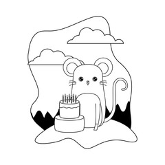 cute mouse animal with cake of birthday in landscape