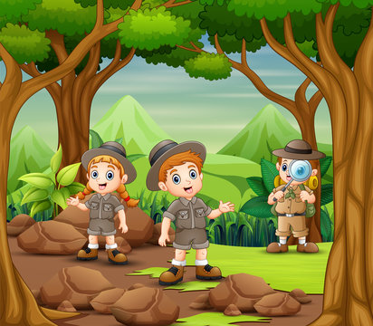 The scout kids are explore the forest
