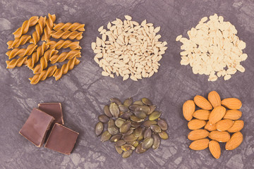 Nutritious eating containing magnesium. Healthy nutrition as source vitamins, minerals and fiber