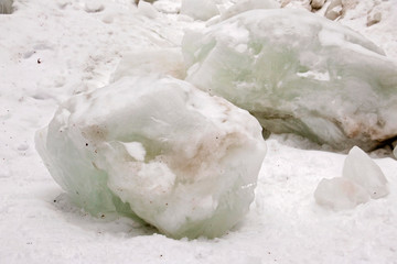 Ice Boulders formed Below Arethusa Falls Waterfall in the White Mountains of New Hampshire in Winter  Crawford Notch State Park.