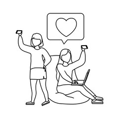 group of women taking selfie with smartphone and speech bubble