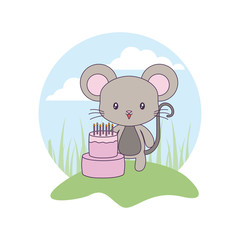cute mouse animal with cake of birthday in landscape