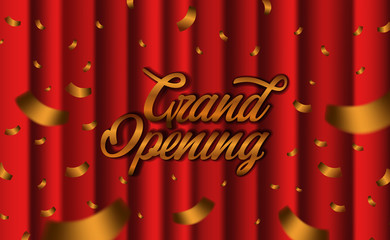 Grand Opening ceremony party template with golden confetti and red silk luxury curtain