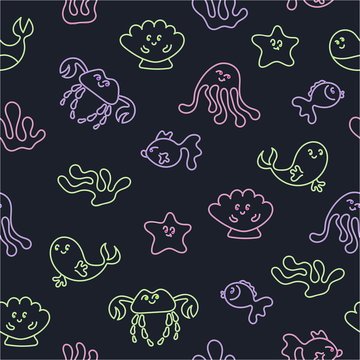 Doodle seamless background with fish, octopuses, crabs, starfish, dolphins, whales. Kawaii characters. Bright color on dark background. . Vector illustration