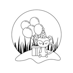 cute monkey with gift box and balloons helium in landscape