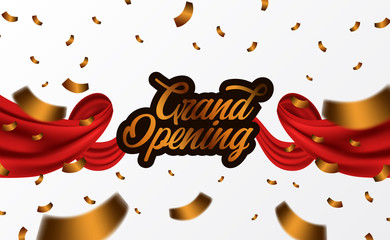 Grand Opening ceremony party template with golden confetti and double red silk luxury ribbon swirl
