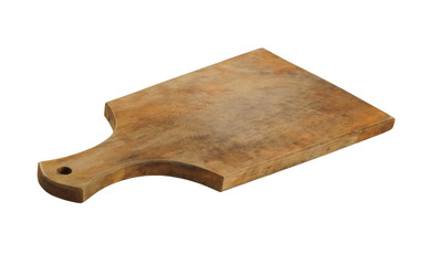 Old grunge wooden kitchen cutting board isolated on white