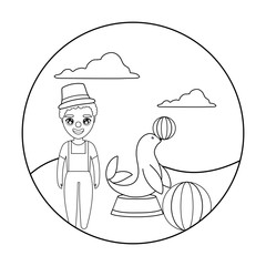 clown of circus and seal with ball in frame circular
