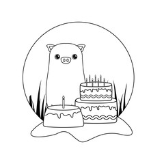 cute piggy with cakes of birthday