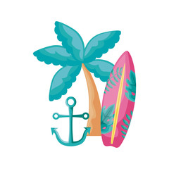 surfboard with tropical palm and anchor