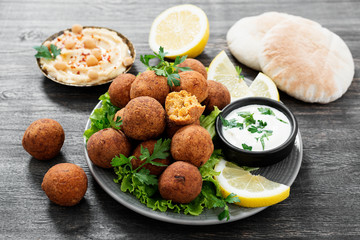Fresh vegetarian falafel served with hummus,pita bread and fresh vegetables.