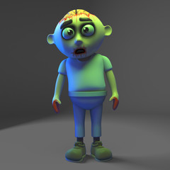 Pathetic undead zombie monster looks like he needs the bathroom, 3d illustration