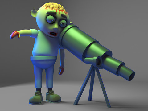 Silly zombie monster thinks the moon is very small through his new telescope, 3d illustration