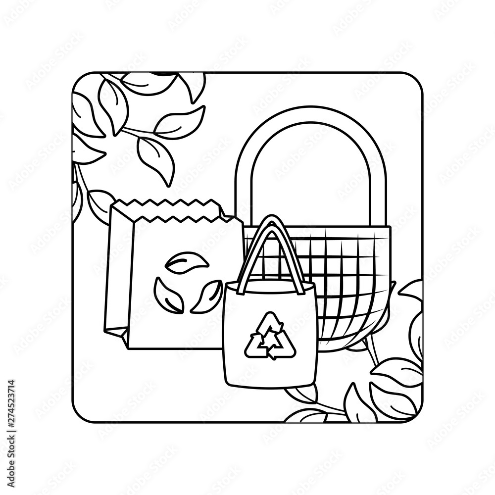 Sticker bags paper with basket ecological in frame