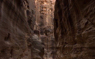 photography inside of canyon in twilight lighting of steep rock walls, USA natural scenic landscape path way object 