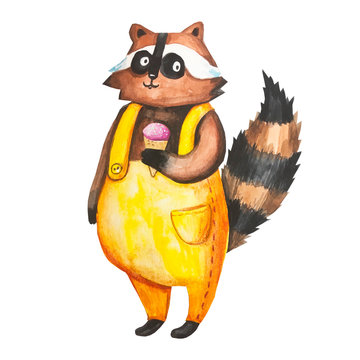 Watercolor raccoon illustration. For childrens postcard and clothes. 