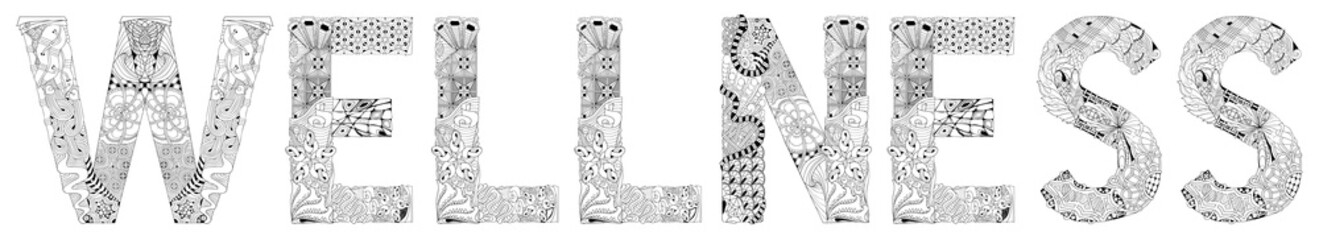 Word WELLNESS for coloring. Vector decorative zentangle object