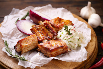 Spicy hot grilled spare ribs, summer BBQ, traditional american cuisine, grill and barbeque, meat restaurant menu