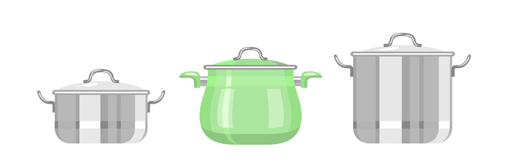 Set of saucepans isolated on white background. Vector illustration of kitchen utensils in flat style. Stainless Steel Saucepan with Lid and enamelled green pan.