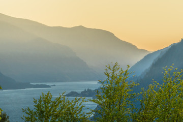 Columbia River Gorge at sunset in a golden haze