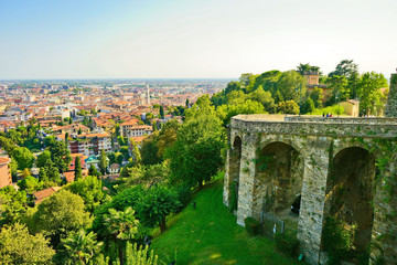 Fototapeta na wymiar View of the Lower city from the wall of the Upper City in Bergamo, Italy.