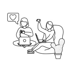 group of women using laptop and smartphone device