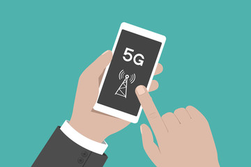 Man hold 5G smartphone in his hand. Vector illustration.
