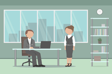 Businessman and his secretary in office. Vector illustration.