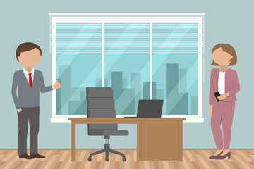Businessman and businesswoman talking to each other in office room. Vector illustration.