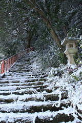 雪化粧した山の石階段と石灯籠