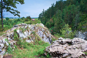 View of a small red hut in a wood near Hornad canyon