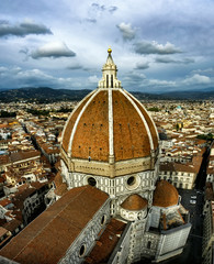 Obraz premium Cathedral Duomo Santa Maria del Fiore dome viewed from the top bell tower Campanile in Florence, Tuscany, Italy. April 2012