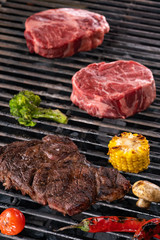 Raw Meat and vegetables char-grilled over flame