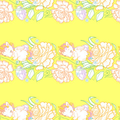 Seamless pattern with cute little sleeping baby unicorns, beautiful garden flowers. For baby and kids design templates.