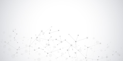 Abstract molecules on soft grey background. Molecular structures or DNA strand, neural network, genetic engineering. Scientific and technological concept.