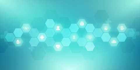 Abstract medical background with flat icons and symbols. Template design with concept and idea for healthcare technology, innovation medicine, health, science and research.