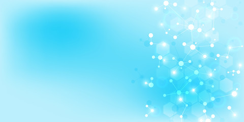 Abstract molecules on soft blue background. Molecular structures or DNA strand, neural network, genetic engineering. Scientific and technological concept.
