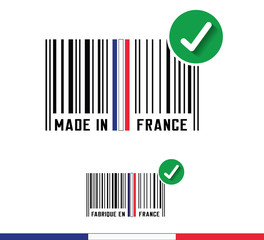 Made in France - concept with barcode and the national flag. Vector illustration in English and French language.