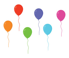 Vector balloons in different colors. Shiny realistic helium inflatable balloons flying in the air with loosen strings.