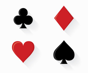 Spades, clubs, diamonds and hearts elements in playing cards. Vector illustration in red and black and long shadows.