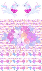 Collection of seamless and endless ornaments with petals, bunch of flowers and frolic unicorns on white background.